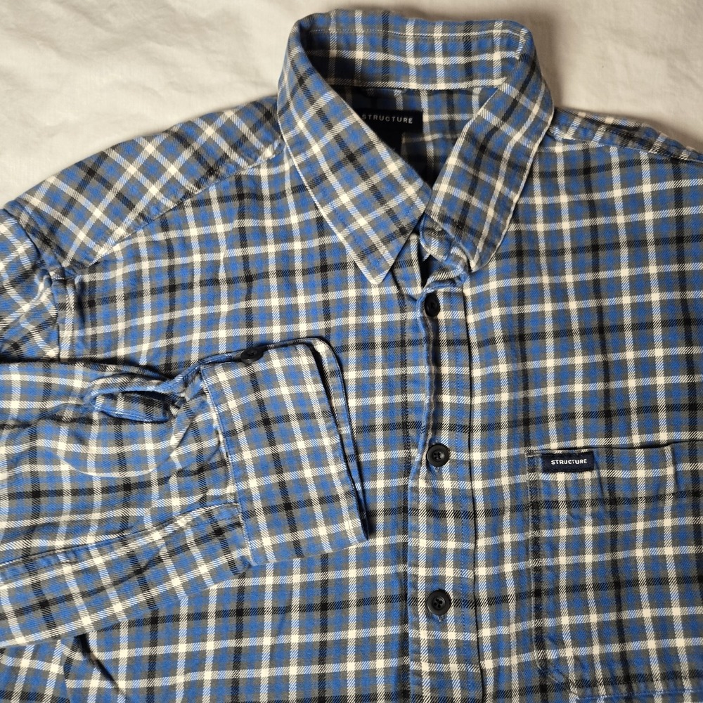 Structure Flannel Shirt Plaid Long Sleeve Blue Flannel Shirt W/ Pocket‎ Medium